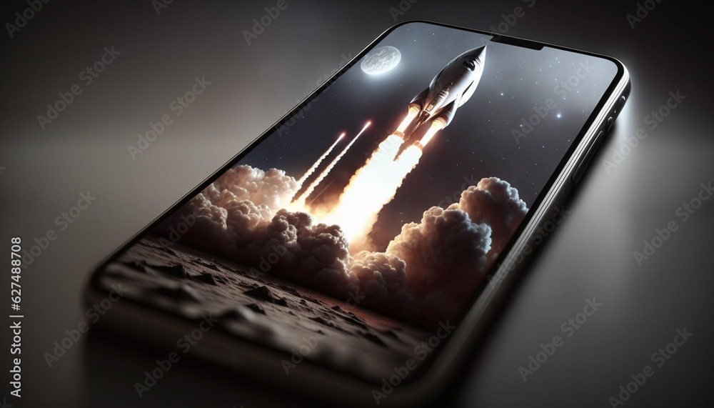 Wall mural rocket on a background of the sky in the phone. generative ai