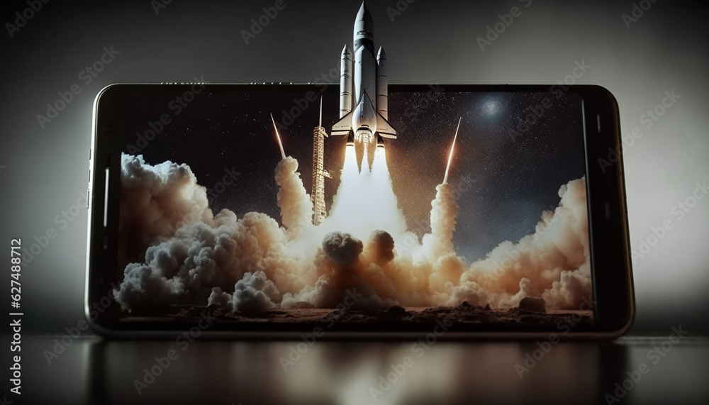 Sticker rocket on a background of the sky in the phone. generative ai