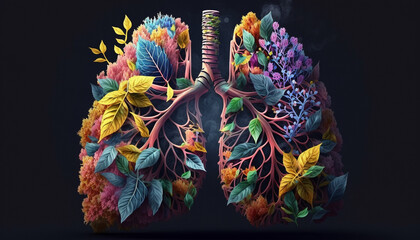 human lung from a plant on black. Generative AI