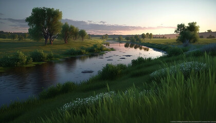 Fototapeta na wymiar beautiful landscape with a river at sunset. Generative AI