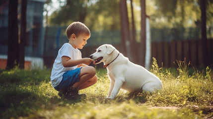 Generative AI, little cheerful boy playing with a cute dog in the yard in the garden, human-animal friendship, pet, joyful emotions, child, puppy, childhood, happiness
