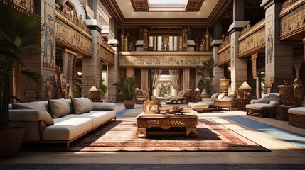 Fototapeta na wymiar Modern interior in Ancient Egyptian style, sunny day. Generative AI