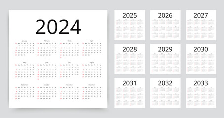 Calendar for 2024, 2025, 2026, 2027, 2028, 2029, 2030, 2031, 2032, 2033 years. Planner layout with 12 months. Calender template. Week starts Sunday. Yearly organizer in English. Vector illustration