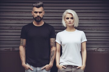 Man and woman wearing blank white and black t-shirt