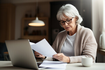 Middle aged senior woman sit with laptop and paper document. Pensive older mature lady reading paper bill pay online at home managing bank finances calculating taxes planning loan debt pension payment