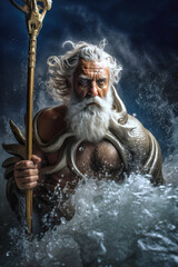 Powerful Greek god Poseidon emerging from stormy water (Generative AI)