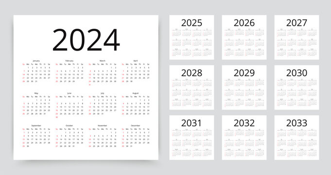 Calendar for 2024, 2025, 2026, 2027, 2028, 2029, 2030, 2031, 2032, 2033 years. Planner layout with 12 months. Calender template. Week starts Sunday. Yearly organizer in English. Vector illustration