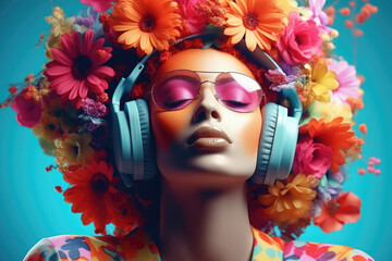Ein strahlendes Porträt einer jungen Frau, umgeben von leuchtenden Farben. Sie trägt Kopfhörer, eine Sonnenbrille und ihr Haar ist reich mit Blumen geschmückt. - obrazy, fototapety, plakaty
