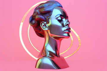 Frau im Hologramm Stil auf pinken Hintergrund - Künstlich, flüssige  Metall STatue