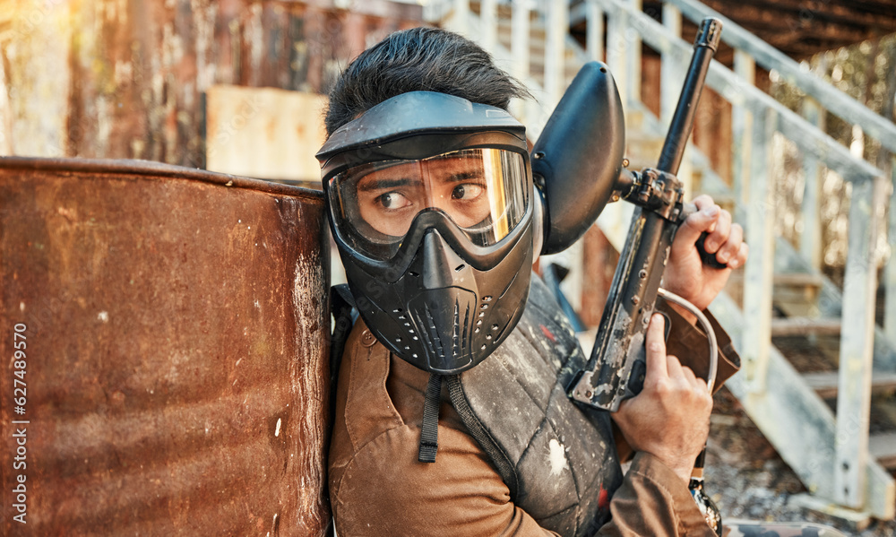 Poster Paintball, adventure and man in action with gun for tournament, competition and battle in nature. Extreme sports, military and male person shooting in outdoor arena for training, games and challenge