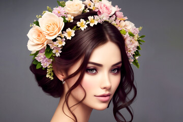 beautiful woman with flowers for advertising perfumes or cosmetics