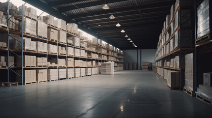 Large warehouse with boxes. Generative AI