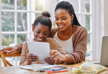 Home, black mother and girl with a tablet, learning or typing with website information, connection or education. Parent, female kid or mama with daughter, child development or remote school with tech