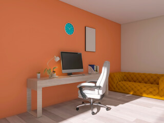 Office, computer, room interior 3d render, 3d illustration