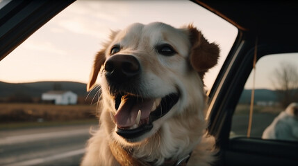 dog retriever sitting and looking in the car. Generative AI