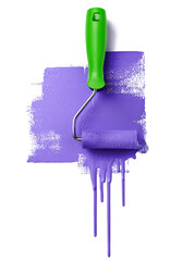 Applying violet paint with roller brush on white wall