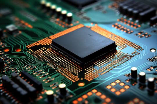 Small microprocessor, microcontroller chip on generic modern desktop PC computer motherboard, object macro, extreme closeup, shallow dof, nobody Electrical components shortage concept | Generative AI