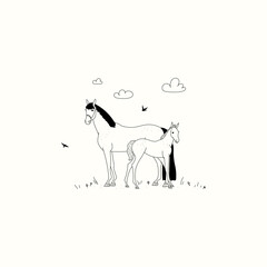 Cartoon horse mare with foal in outdoor scene with clouds 