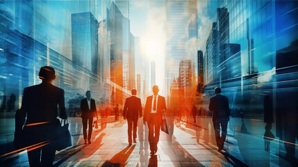 Obraz premium Lots of business people walking in City. Beautiful morning sun light reflects in skyscrapers walls. 