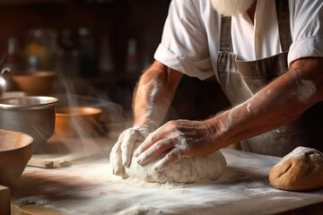 Fototapeta premium closeup of old man baking bread, ai generated
