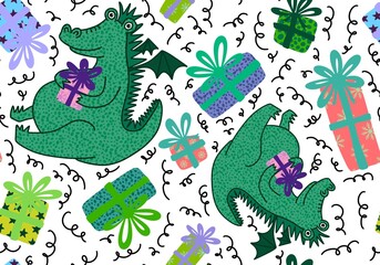 New year dragon seamless cartoon Christmas dinosaur pattern for wrapping paper and kids clothes print