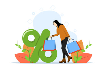 Women and shopping. Product percentage and price reduction symbol. Young women like to buy cheap products. promo for online shopping, flat vector illustration on a white background.