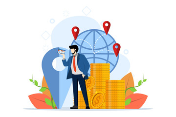 Business industry concept, franchising, bizopp, distribution. Businessman standing with shop and buying franchise remotely. Buying a completed business. Flat vector illustration on background.