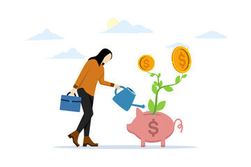 concept Investment growth is investment or income. strategies and techniques across asset types. success in wealth management. Businesswoman, investor watering money growing from piggy bank.