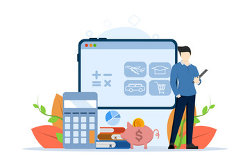 Concept of budget, financial control, dates, finance, personal budget, family money. Personal budget illustration. men draw up a family budget, divide expenditure items. Vector flat cartoon design.