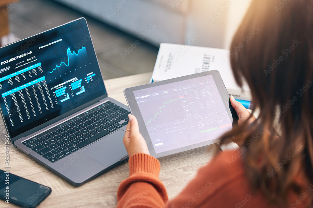Poster woman with laptop, tablet and stock market, information and research in business management for data