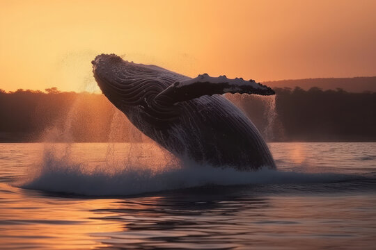 A majestic humpback whale breaching out of the ocean against a stunning sunset backdrop, showcasing the beauty of marine life. Is AI Generative.
