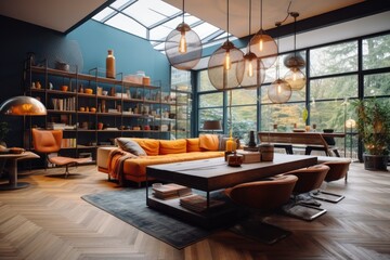 The interior design of a living room with an eclectic mix of furniture and decor. Eclectic style living room. Cozy and eclectic living room. Made With Generative AI.