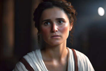 Close-up portrait of Roman woman wearing a simple tunic in atrium (Generative AI)