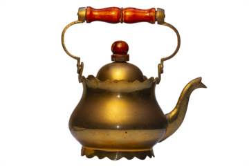 Antique copper tea pot with wooden handle and fancy decor