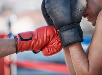 Punch, boxing gloves or men fighting in sports training, exercise or fist punching with power....
