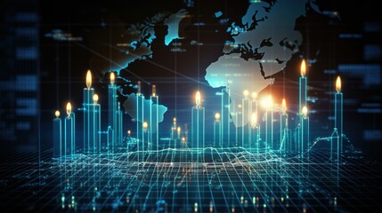 Business candle stick graph chart of stock market investment trading on blue background. Bullish point, Trend of graph with generative ai