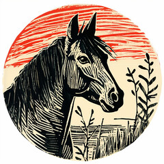 linocut print: horse in cartouche - obrazy, fototapety, plakaty