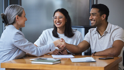 Smile, couple and handshake with financial consultant for deal, agreement or contract. Happy, man and woman shaking hands of broker for finance, loan or mortgage, welcome and thank you for investment - obrazy, fototapety, plakaty