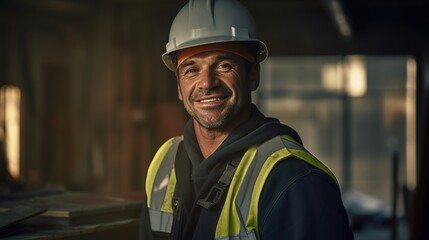 caucasian bearded construction worker with safety helmet on head in vest standing with arms crossed at construction site With generative ai