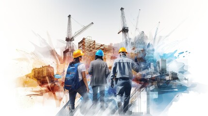 Construction engineer civil team work banner.Double exposure of worker group.Multi ethnic diversity caucasian With generative ai