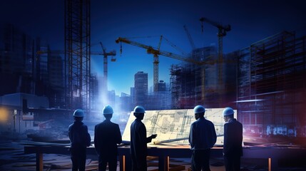 Construction engineers discussion with consultant people at construction site of highrise building with blueprints with generative ai