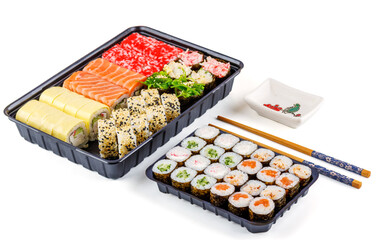 maki sushi set on white background for food delivery restaurant menu