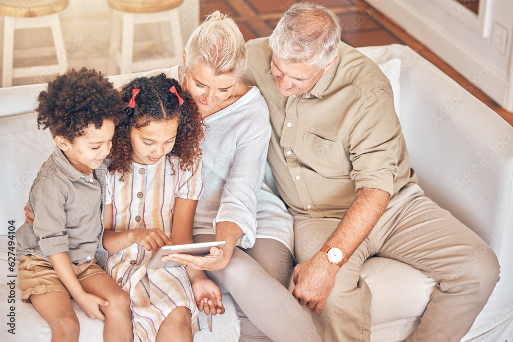 Sticker Grandparents, tablet and children in home, learning and bonding together in living room. Technology, multiracial kids and grandpa and grandma in lounge streaming movie, video or film on social media