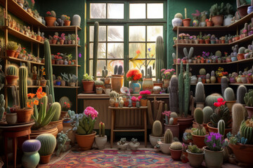Many cacti in pots in the interior of a house
