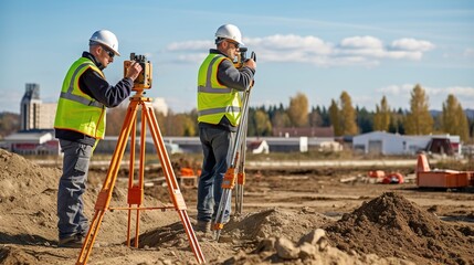 Engineer and surveyor worker working with theodolite transit equipment at outdoors construction site with generative ai - obrazy, fototapety, plakaty