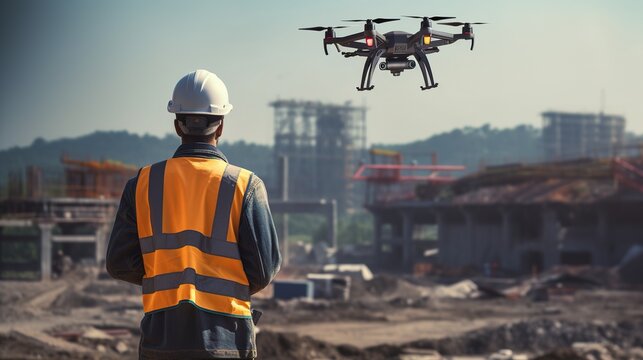 Drone inspection. Operator inspecting construction site control by civil engineer with generative ai