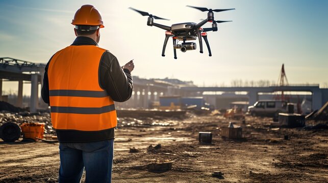 Drone inspection. Operator inspecting construction site control by civil engineer with generative ai