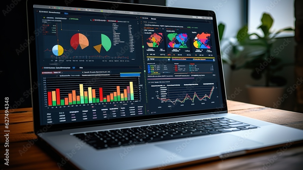 Poster financial kpi data profits dashboard on computer with generative ai