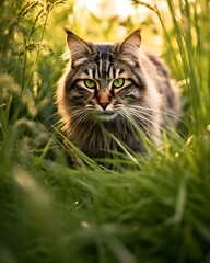 Naklejka na ściany i meble Stalking maince coon cat in high grass, Generative ai