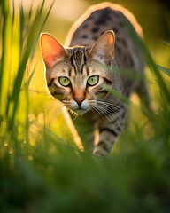 Stalking ocicat cat in high grass, Generative ai